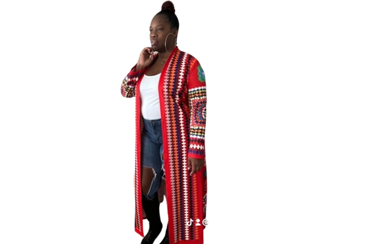 The Red Multi Color Long Cardigan